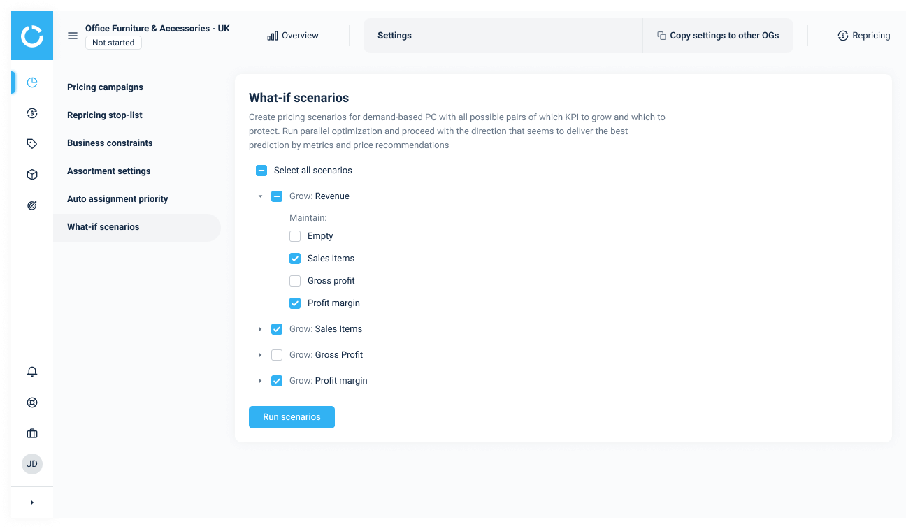 Test pricing scenarios in a few clicks